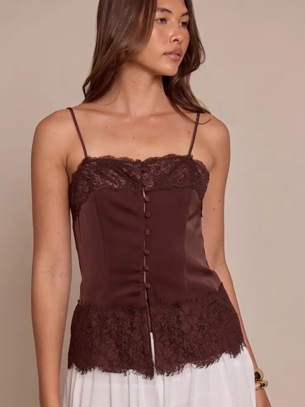 Pretty Little Thing Satin Button Up Lace Detail Cami - Chocolate Brown
